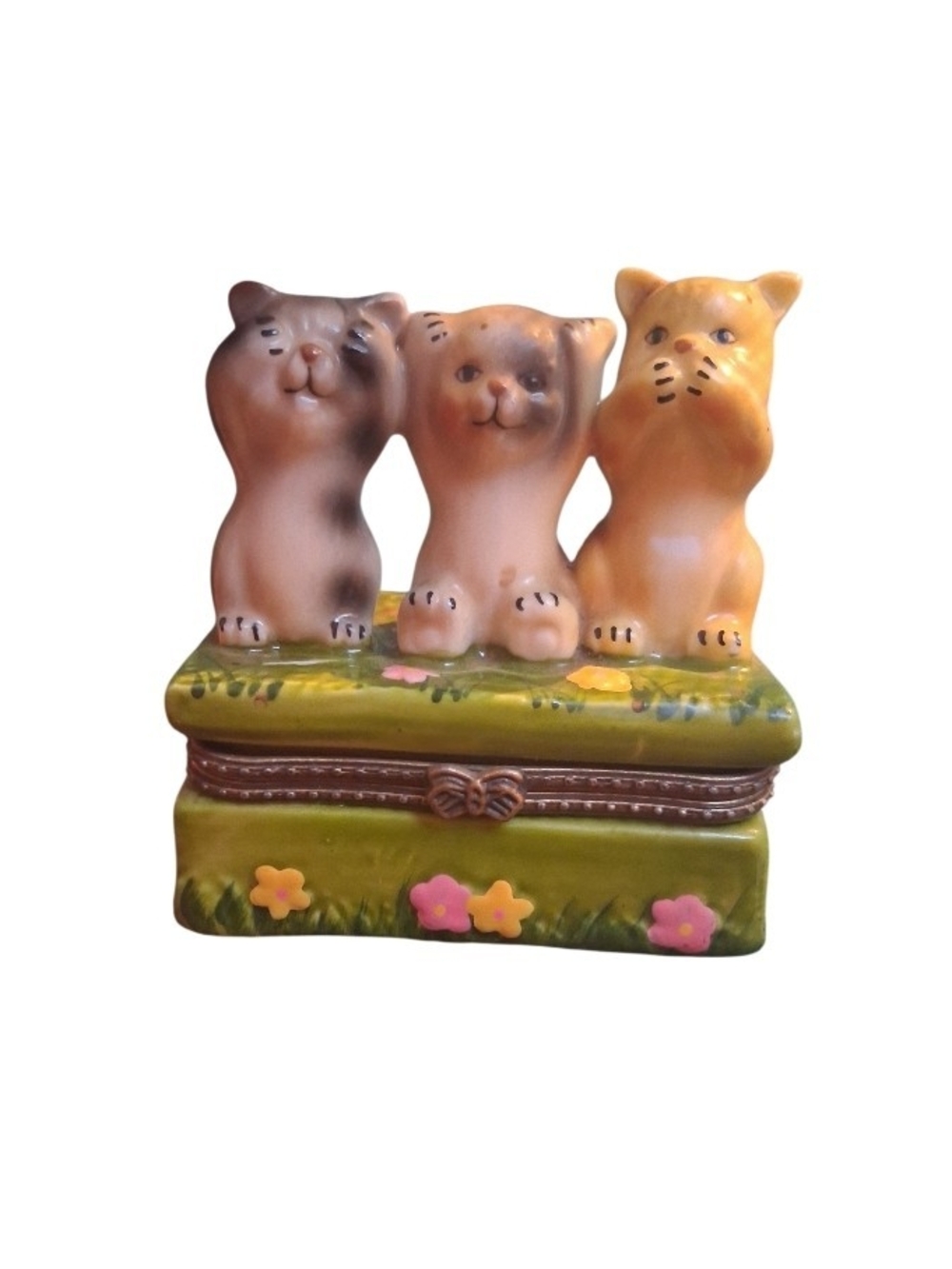 Vintage Ceramic Triple Kitten Trinket Box in Green and Tan/Floral Jewelry Box